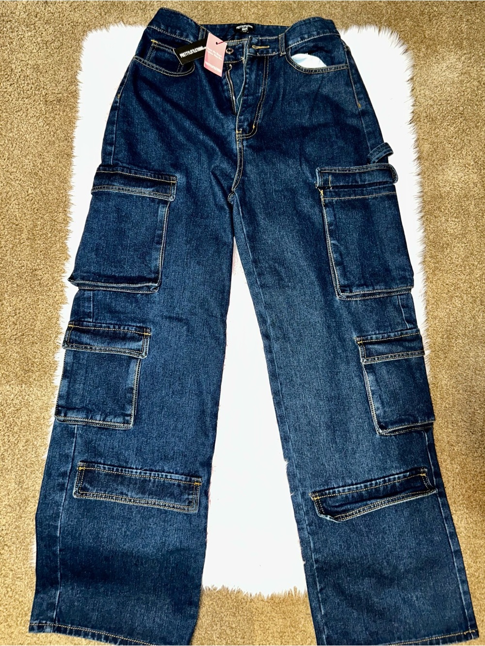 PrettyLittleThing Dark Blue Cargo Jeans with Multi Pockets